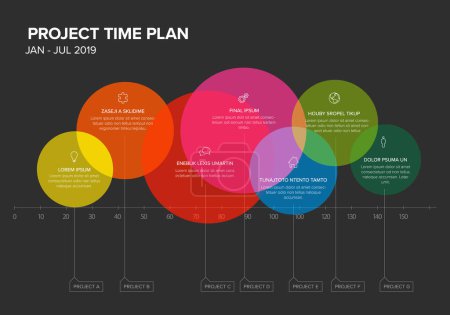 Vektor-Projekt-Timeline-Graph - gantt Fortschrittsdiagramm mit hervorgehobener Kreisform Projektaufgaben mit Symbolen in der Zeitfarbe transparente Blockintervalle Beschreibungen und Titel auf dunklem Hintergrund
