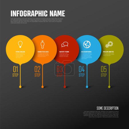 Illustration for Colorful vector infographic report template with big droplet bubbles pins as steps of the process - dark version with five pins and numbers on horizontal line - Royalty Free Image