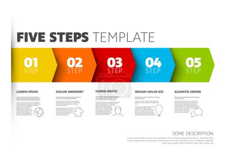 Illustration for Five steps progress procedure infochart template with descriptions icons titles and big numbers. Simple inographic describing some process with five steps - Royalty Free Image