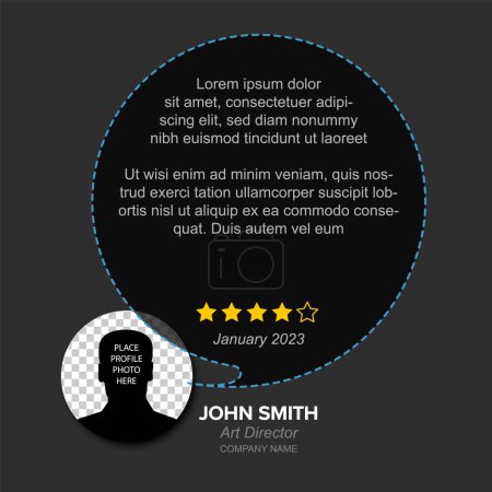 Illustration for Simple dark minimalistic client user customer testimonial review card layout template with photo placeholder and sample, message in circle speech bubble - Royalty Free Image