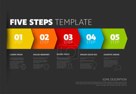 Illustration for Five steps progress procedure infochart template with descriptions icons titles and big numbers. Simple inographic describing some process with five steps on dark gray background - Royalty Free Image