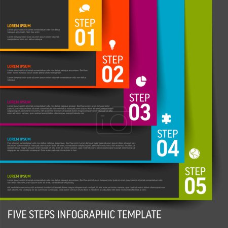 Illustration for Vector Five simple slips of paper as steps progress template with descriptions and icons. Diagonal set of dark papers with color border as five steps of procedure - Royalty Free Image
