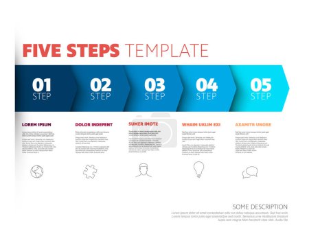 Illustration for Five blue steps progress procedure infochart template with descriptions icons titles and big numbers. Simple inographic describing some process with five steps - Royalty Free Image