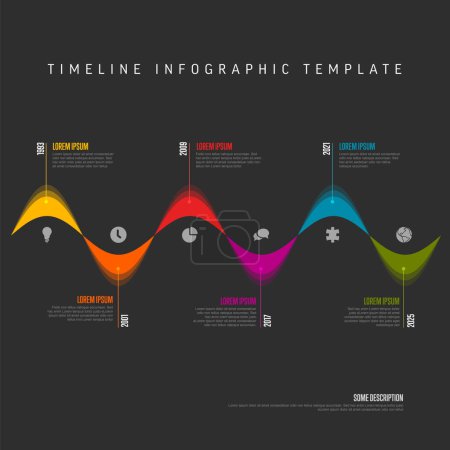 Téléchargez les illustrations : Timeline horizontale couleur avec modèle de courbes ondulées sur fond gris foncé. Modèle simple minimaliste coloré vertical de conception de mise en page de ligne de temps - en licence libre de droit
