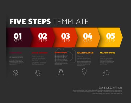 Illustration for Five red to yellow hot steps progress procedure infochart template with descriptions icons titles and big numbers. Simple inographic describing some process with five steps on dark background - Royalty Free Image