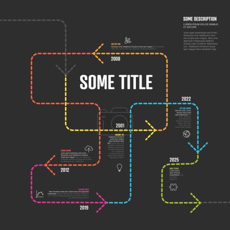 Illustration for Colorful simple infochart tangle timeline template with arrows on thin color dotted line, icons, short descriptions and year numbers. Infographic timeline on dark background - Royalty Free Image