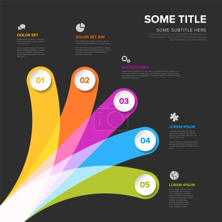 Simple multipurpose infographic rainbow color template with five different options choices each with number title icon and description on black background