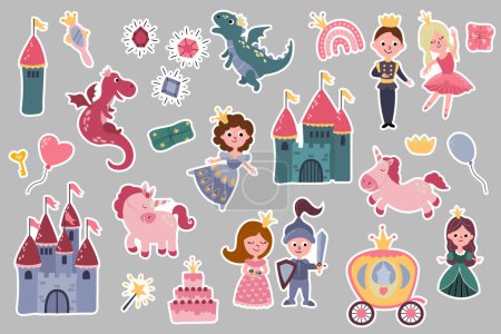 Set of stickers with princesses, prince, knight, castles, unicorns, rainbows, dragons, carriage. Hand-drawn illustration. Vector.