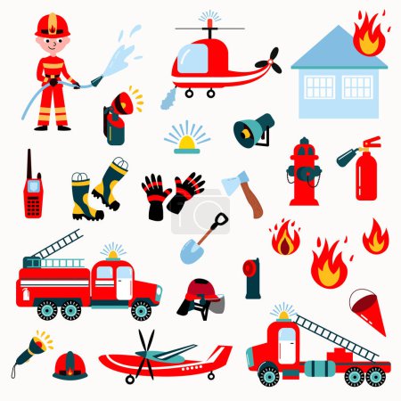 Ilustración de Conjunto de rescate de incendios. Bombero, camiones de bomberos, casa en llamas, equipo de bomberos. - Imagen libre de derechos