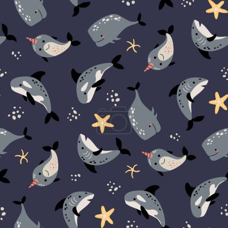Illustration for Seamless pattern with sea creatures. Whales, sharks, sperm whales, narwhals. - Royalty Free Image