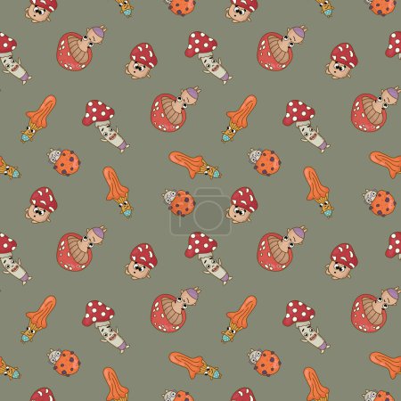 Seamless pattern with mushroom characters. Design for fabric, textile, wallpaper, packaging.