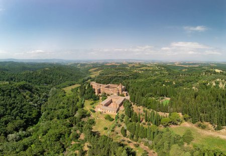 Aerial view of the Abbey of Monte Oliveto Maggiore, a large Benedictine monastery in the Italian region of Tuscany