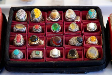 various agate rings on display