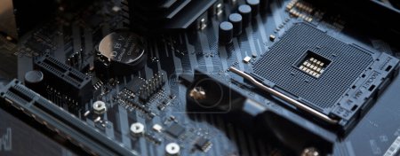 Téléchargez les photos : Super performance, new generation electronic circuit black and powerful gaming motherboard for computer - en image libre de droit
