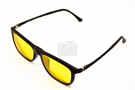 Photo for Modern design black plastic frame yellow lens glasses, glasses isolated on white background - Royalty Free Image