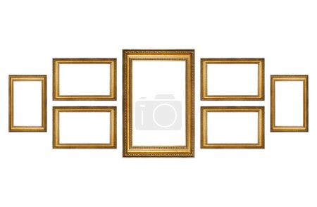 Photo for Rectangular and square empty wooden and gold gilded frames isolated on white background - Royalty Free Image