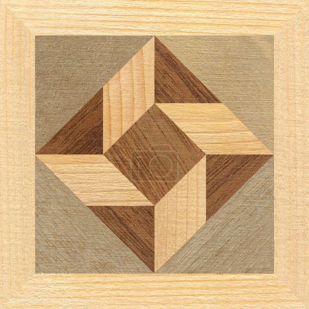 Wooden marquetry, patterns created from the combination of different pine and walnut woods, wooden floor, parquet, cutting board