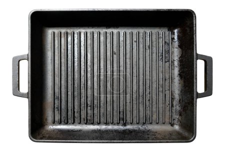 Empty black cast heavy iron grill pan modern kitchen equipment, isolated transparent background