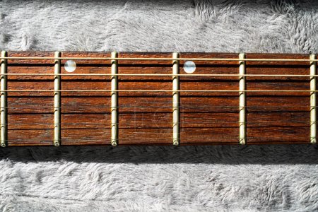 Close-up of electric guitar steel strings and fretboard made of rosewood rest on a plush guard