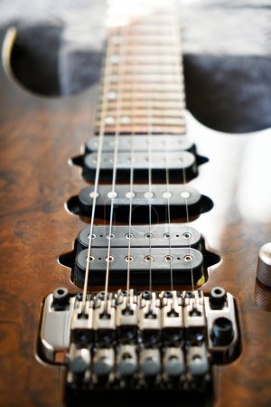 Puente de guitarra eléctrica, cuerdas y recolección, detalle vista de cerca de la pastilla de guitarra en nogal de madera, instrumento musical de cuerda