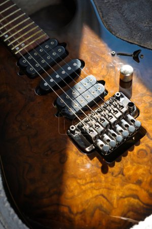 Elektrischer Gitarrensteg, Saiten und Tonabnehmer, Detailaufnahme des Tonabnehmers in Holz-Nussbaum, Saiteninstrument