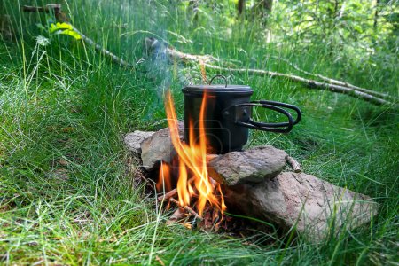 Téléchargez les photos : Campsite cooking on fire in forest - en image libre de droit
