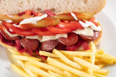 Photo for Kumru is a Turkish sandwich on a bun, typically with cheese, tomato, and sausage. The name of this street food translates as collared dove, and derives from the shape of the sandwich. Street Food - Royalty Free Image
