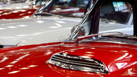 Photo for Dolly shot of details on vintage retro cars painted in red and white. - Royalty Free Image