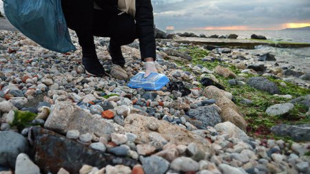 Téléchargez les photos : Une bénévole en action, marchant sur la plage et ramassant des déchets dans un sac pour garder la côte propre et exempte de pollution. Concept d'écologie, dommages à l'environnement, protection de la nature, problèmes de pollution et de recyclage - en image libre de droit
