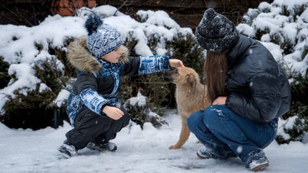 Foto de Niño y adolescente jugando y divirtiéndose con el perro en la nieve. Niños con animales, juegos con mascotas - Imagen libre de derechos