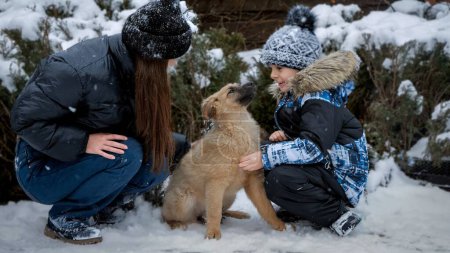 Foto de Lindo perro con adolescente jugando al aire libre en el día de invierno nevado. Niños con animales, juegos con mascotas - Imagen libre de derechos