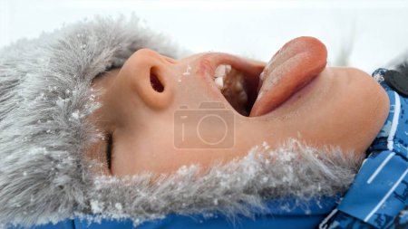 Téléchargez les photos : Garçon tenant sa langue et attrapant des flocons de neige dans un parc enneigé. Concept d'activités hivernales et de joie - en image libre de droit