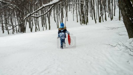 Téléchargez les photos : Heureux garçon porte ses traîneaux en plastique sur la colline, excité par la neige et toutes les activités de plein air qu'il apporte pendant la saison d'hiver - en image libre de droit