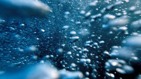 Foto de Burbujas de aire que ascienden desde el fondo del océano hasta la superficie del agua en cámara lenta, acompañadas por la liberación de aire de un buzo. Fondo natural abstracto y sereno. - Imagen libre de derechos