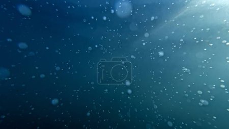 Téléchargez les photos : Petites bulles d'air montantes éclairées par les rayons du soleil dans de l'eau de mer bleu clair. - en image libre de droit