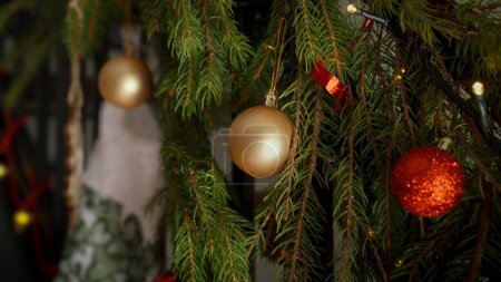 Téléchargez les photos : Gros plan de l'escalier décoré pour Noël avec des boules rouges et dorées, des guirlandes et des lumières de Noël scintillantes - en image libre de droit