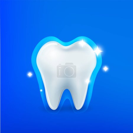 Realistic Tooth 3D, Illustration für die Gesundheitspflege. Mundpflege, Kariesschutz. Glänzender Vektorzahn auf blauem Hintergrund. Medizin, Zahnmedizin, Vektor
