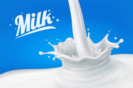 Illustration for Milk splash 3D.Abstract realistic milk drop with splashes isolated on blue background.element for advertising, package design. vector illustration - Royalty Free Image