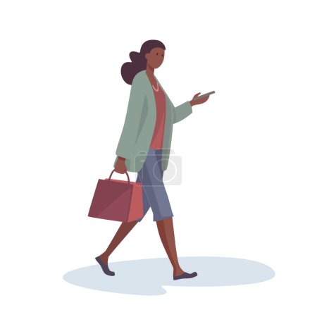 Illustration for Woman walk and go about business. looks at his phone. Full body flat women on white background. Vector illustration in flat style. - Royalty Free Image
