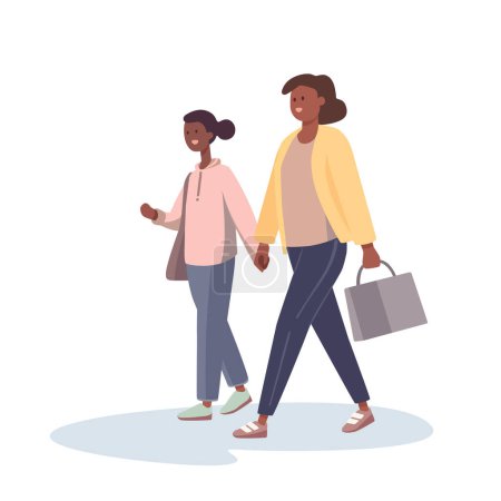 Illustration for People walk. Flat characters walking. a mom and daughter are walking down the street. Color cartoon characters, minimalistic design, flat illustration.vector - Royalty Free Image