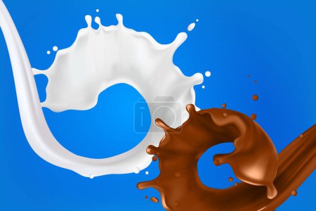 Illustration for Realistic splashes of milk and chocolate 3D.Abstract realistic milk drop with splashes isolated on blue background.element for advertising, package design. vector - Royalty Free Image