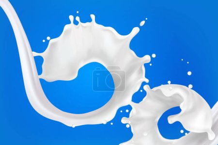 Illustration for Milk splash 3D.Abstract realistic milk drop with splashes isolated on blue background.element for advertising, package design. vector - Royalty Free Image