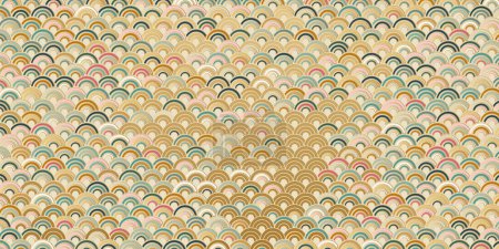 Ilustración de Adorno tradicional asiático, fondo abstracto en estilo japonés, diseño elegante, textura de onda simple, patrón multicolor con marco de oro. vector - Imagen libre de derechos