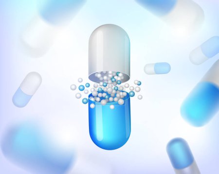 Illustration for Capsules for info graphic. Painkillers, antibiotics, vitamins, amino acids, minerals, bio active additive, sports nutrition. Icons of medicament. Medical illustration on blue background. vector - Royalty Free Image