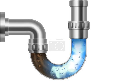 Illustration for Realistic drain pipe clogged with mud, isolated 3d set. Sink pipe with liquid cleaning detergent effect. Advertising template for drain cleaner with powerful chemical agent cleaning dirty water pipe - Royalty Free Image