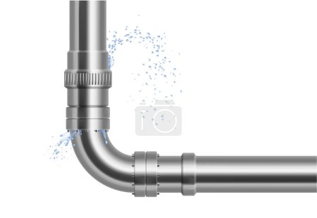 Illustration for Plumbing, piping, realistic pipes. Leakage of water pipes. Broken steel pipeline with leak, leaky valve, drip fittings, burst pipe, leak, leaking pipes. vector - Royalty Free Image