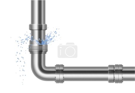 Plumbing, piping, realistic pipes. Leakage of water pipes. Broken steel pipeline with leak, leaky valve, drip fittings, burst pipe, leak, leaking pipes. vector