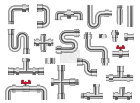 Illustration for Realistic Metal pipeline. industrial conduit with connections and valves. Vector 3D Pipe construction kit. Vector engineering plumbing system vector - Royalty Free Image