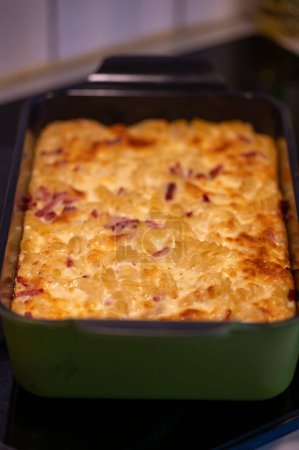 Swedish macaroni pudding golden brown from the oven Sweden March 27 2024