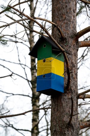 Vogelhaus auf Baumstamm Kumla Schweden 29. April 2024